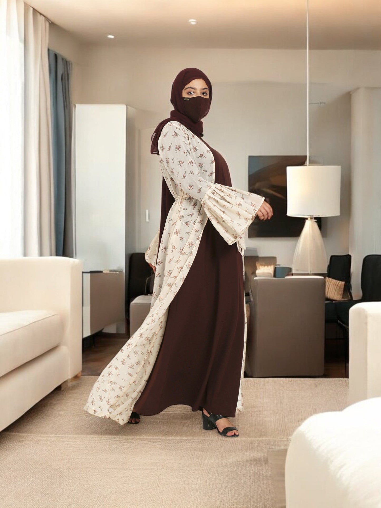 2 Pieces Set Of A Printed Designer Shrug and An Inner Abaya.