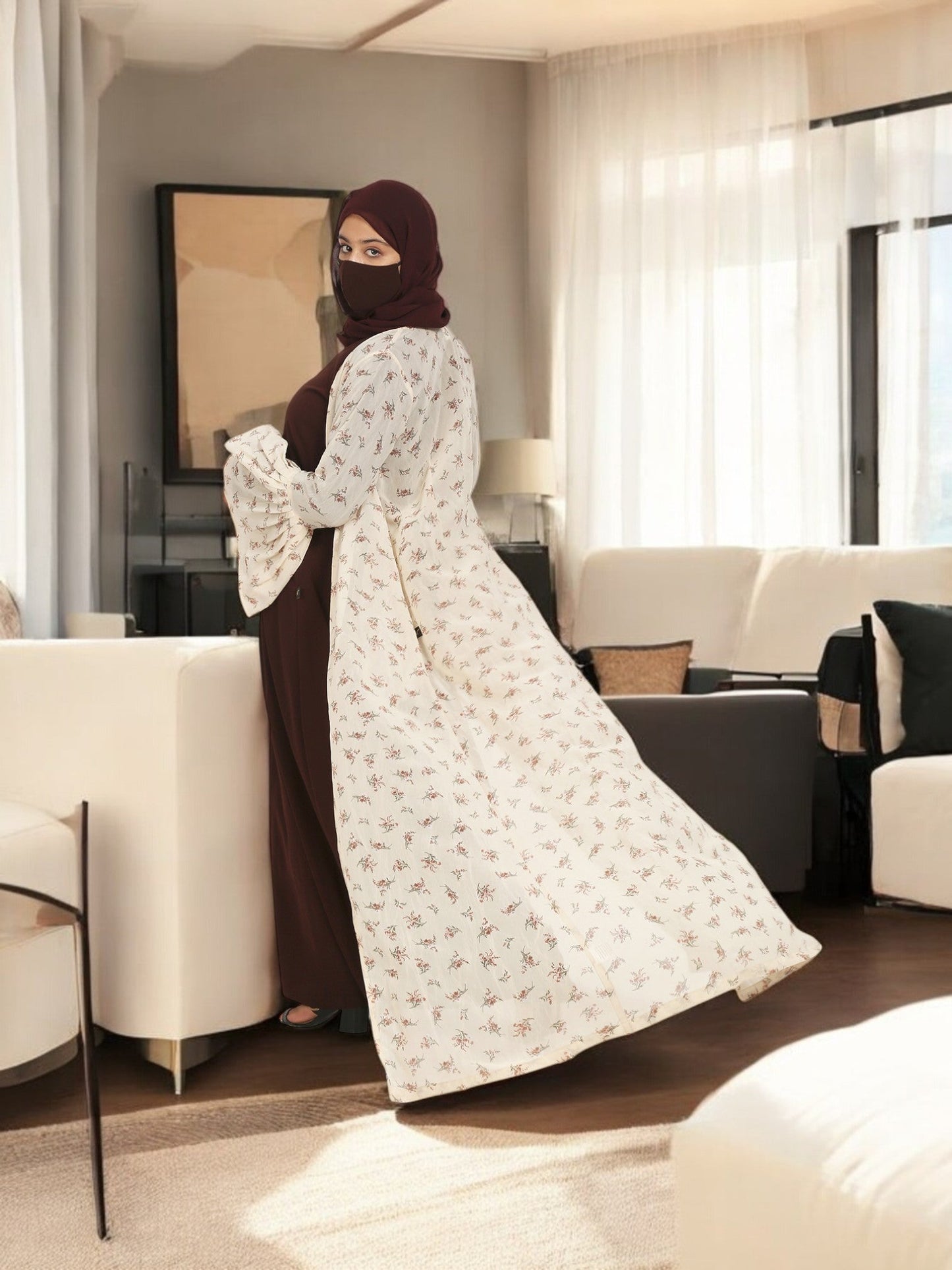 2 Pieces Set Of A Printed Designer Shrug and An Inner Abaya.