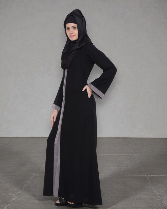 Front Open Abaya With Contrast Panels In Nida Satin Fabric