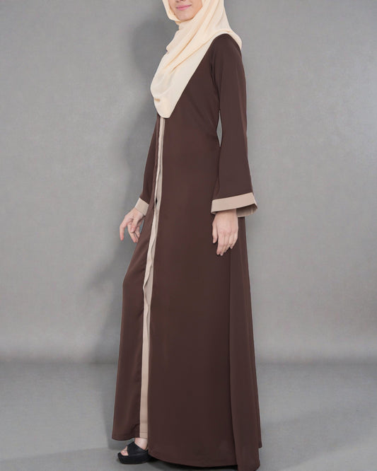 Front Open Abaya With Contrast Panels In Nida Satin Fabric