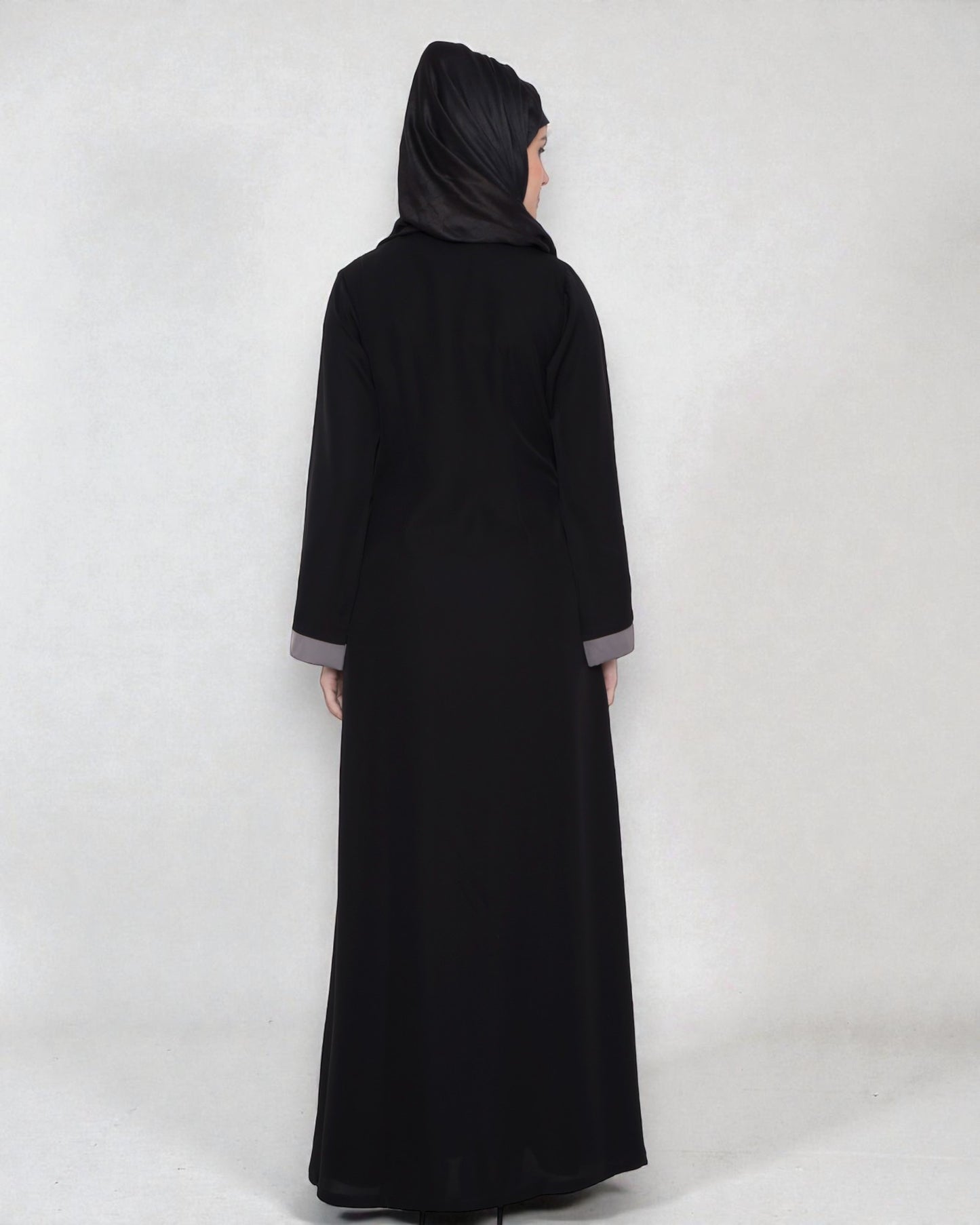 Front Open Abaya With Contrast Panels In Nida Satin Fabric