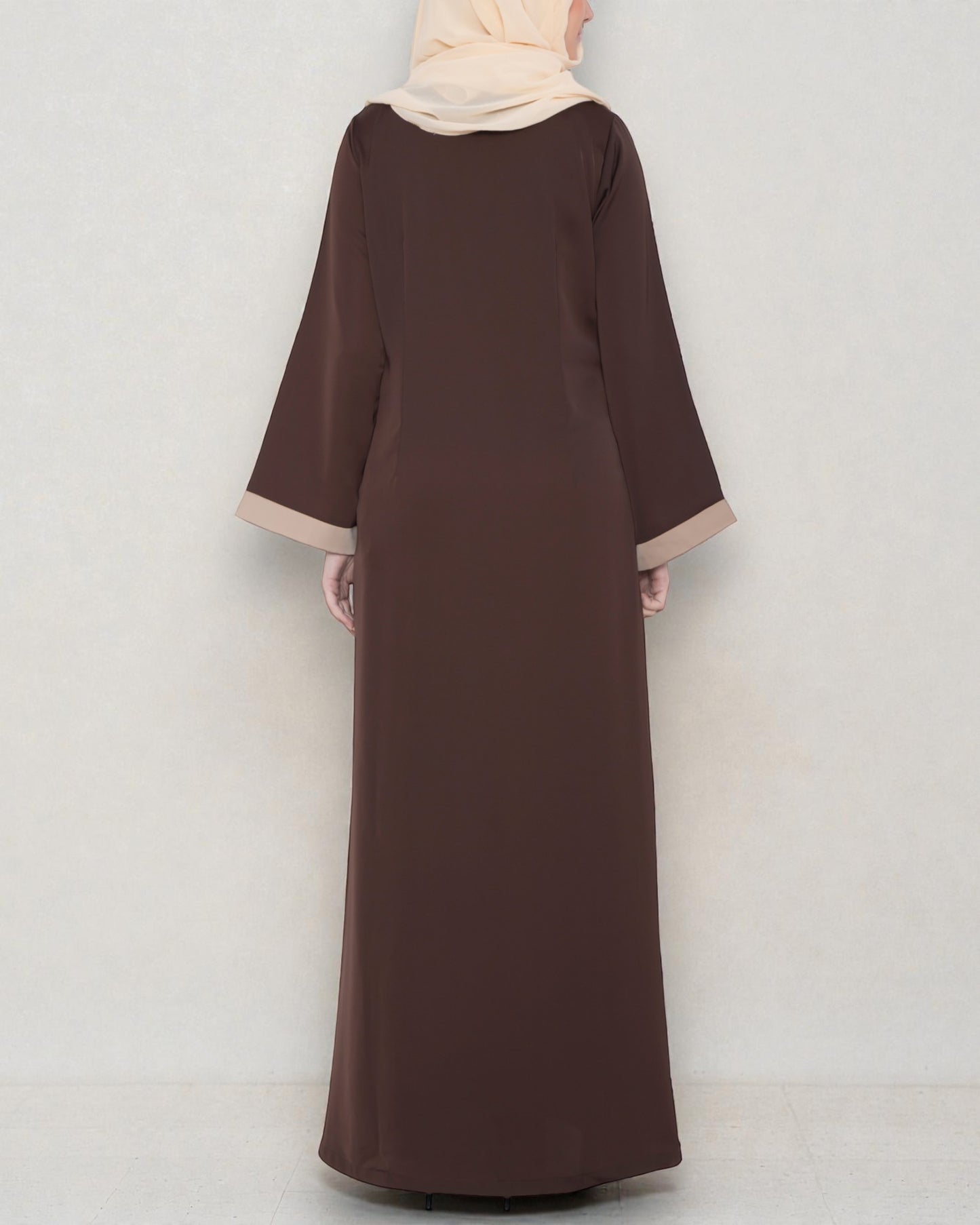 Front Open Abaya With Contrast Panels In Nida Satin Fabric