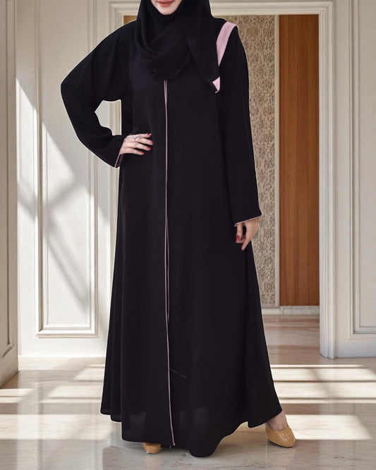 Front Open Firdaus Fabric Abaya with Contrast Piping