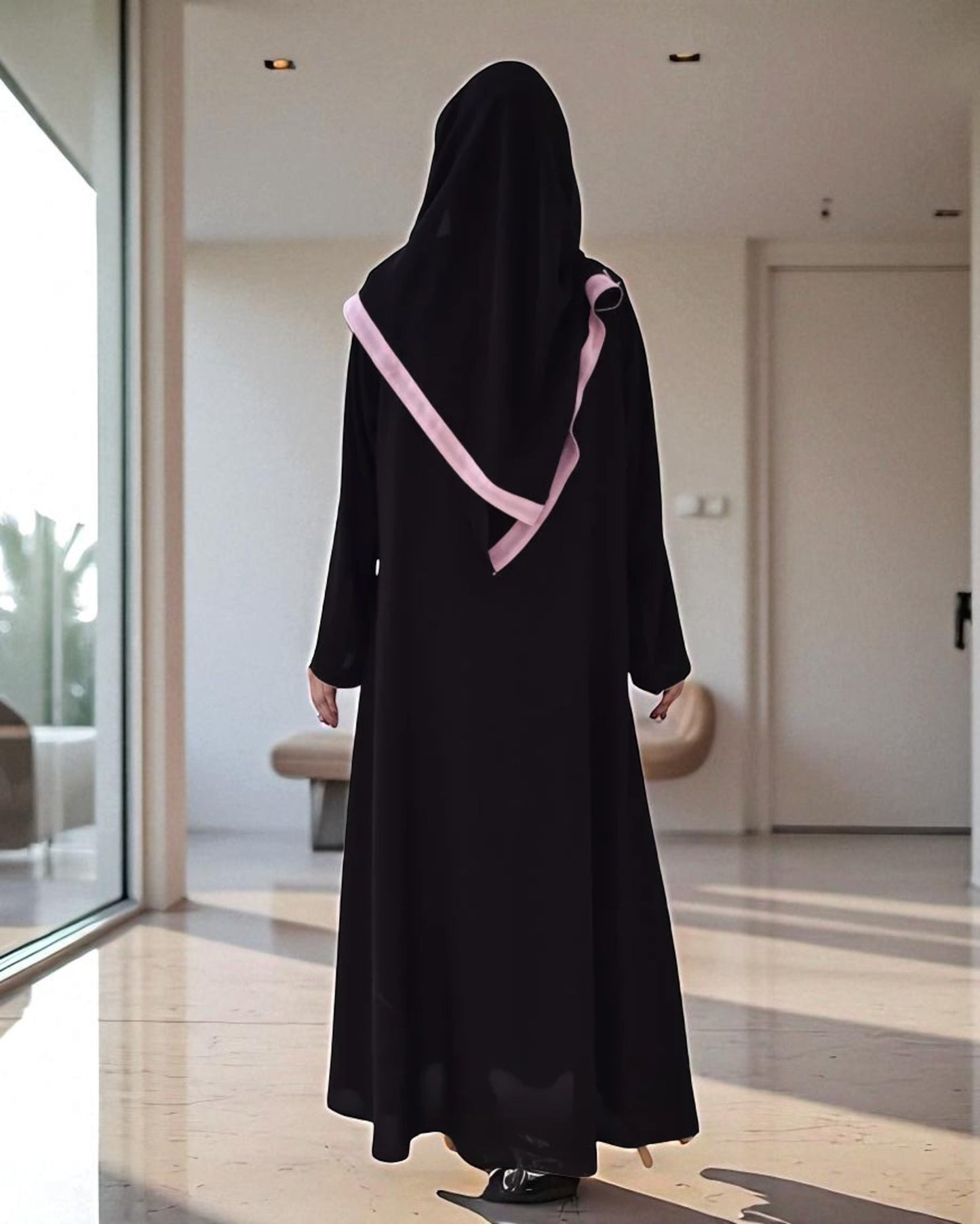 Front Open Firdaus Fabric Abaya with Contrast Piping