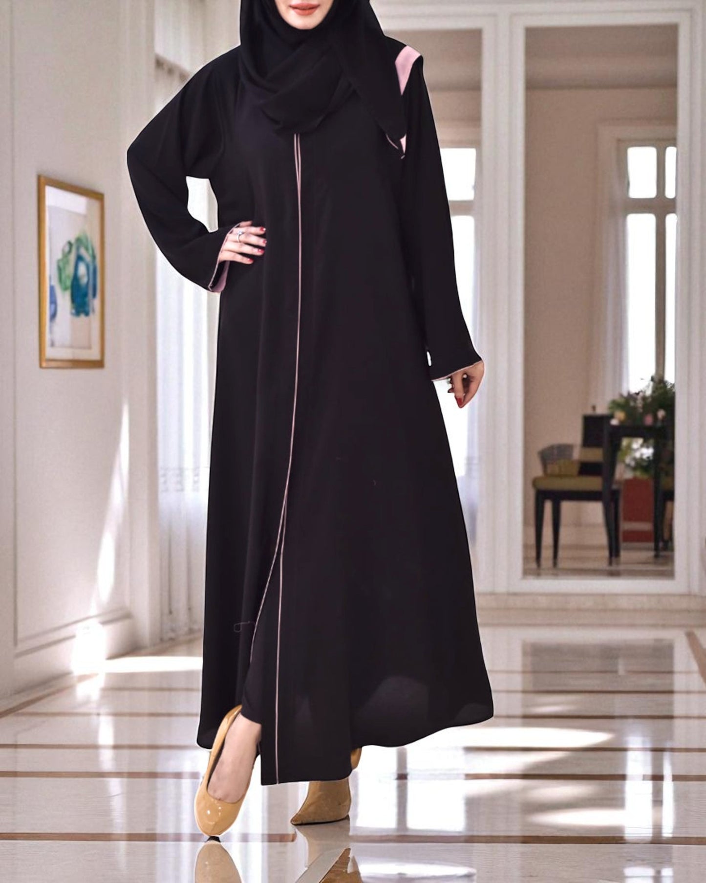 Front Open Firdaus Fabric Abaya with Contrast Piping