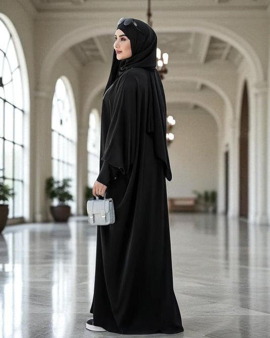 Free Size Kaftan Abaya with Cuffed Sleeves and Contrast Buttons - Piping Design - Concealed Zipper - Luxurious Firdaus Fabric - Matching Hijab