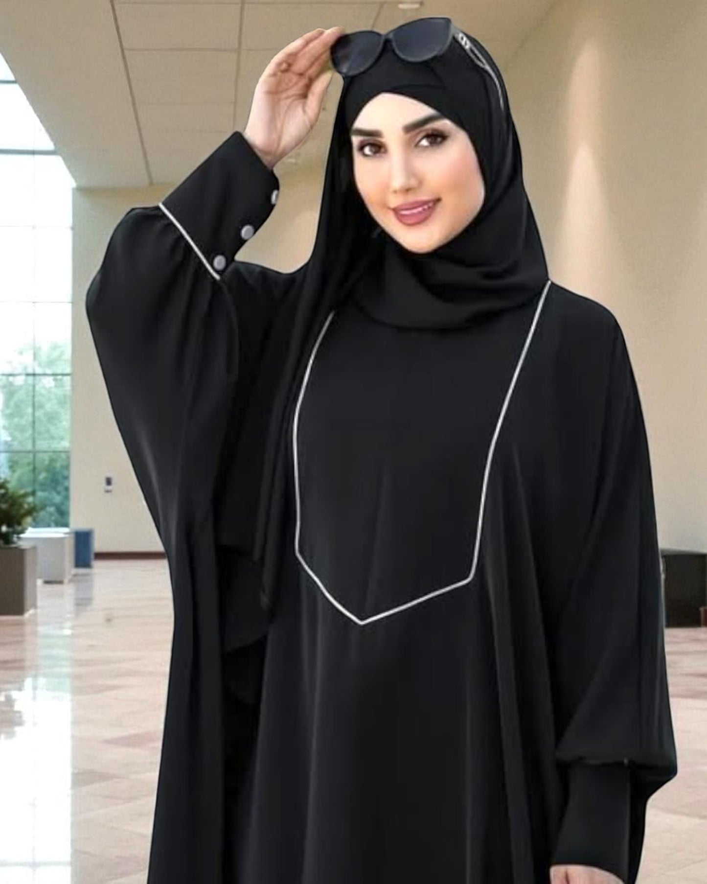 Free Size Kaftan Abaya with Cuffed Sleeves and Contrast Buttons - Piping Design - Concealed Zipper - Luxurious Firdaus Fabric - Matching Hijab