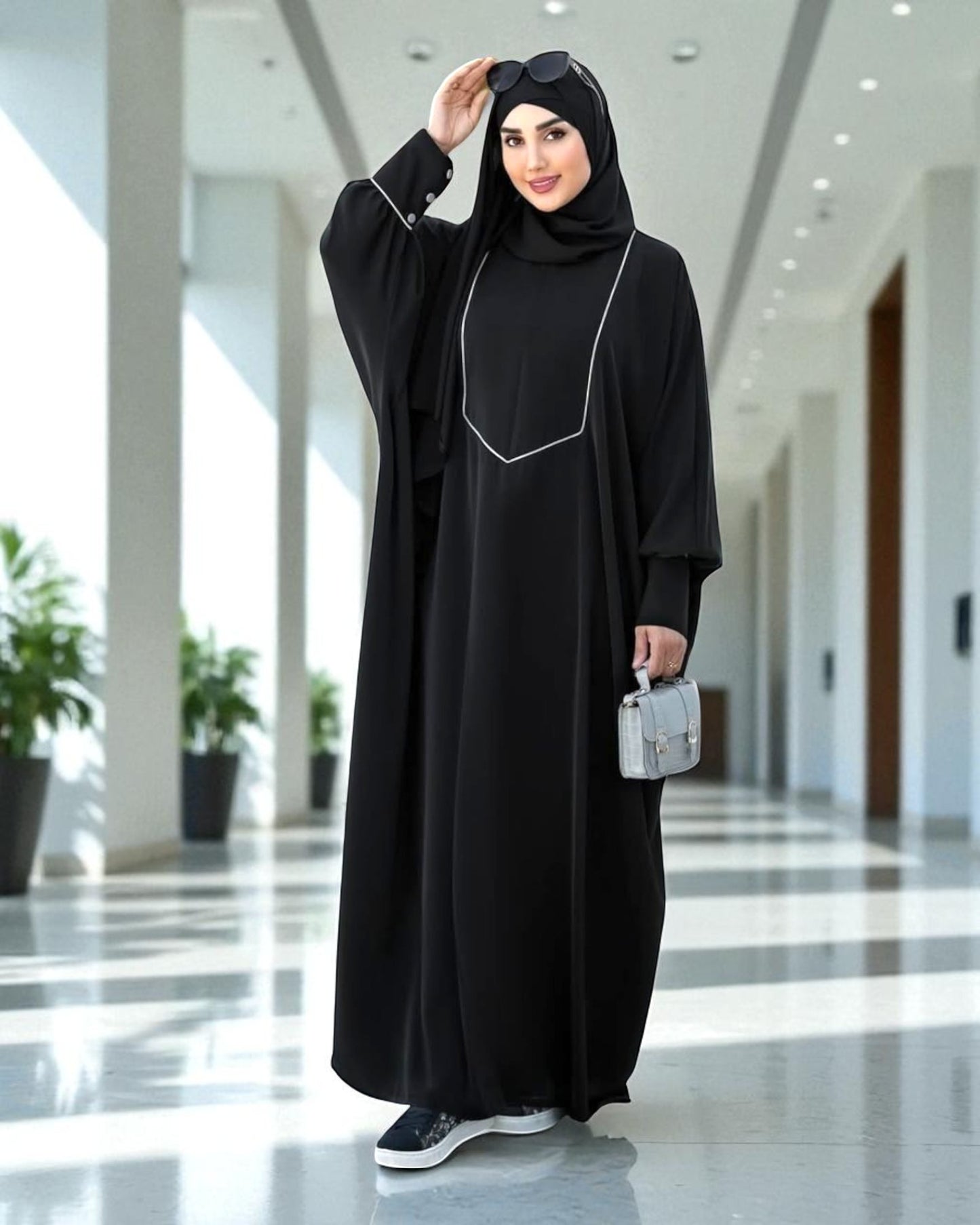 Free Size Kaftan Abaya with Cuffed Sleeves and Contrast Buttons - Piping Design - Concealed Zipper - Luxurious Firdaus Fabric - Matching Hijab