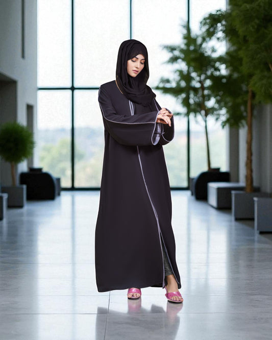 Front Open Abaya with Long Zipper and Contrast Piping - Wide Sleeves - Side Pockets - Complementary Hijab
