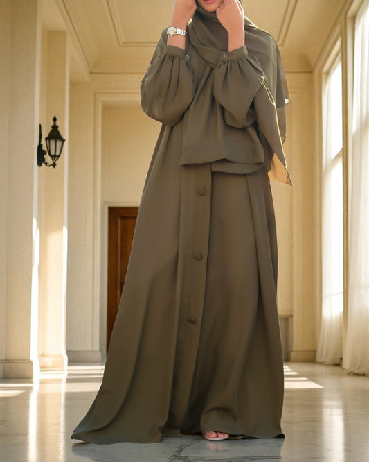 Front Open Abaya in Firdaus Fabric with Balloon Sleeves, Fabric Buttons & Side Pockets