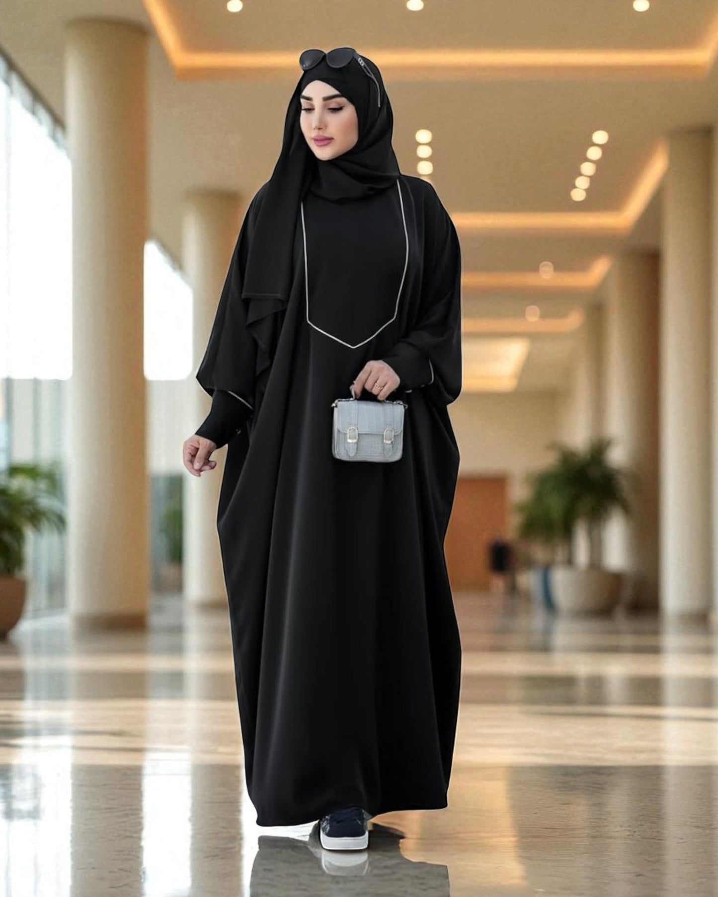 Free Size Kaftan Abaya with Cuffed Sleeves and Contrast Buttons - Piping Design - Concealed Zipper - Luxurious Firdaus Fabric - Matching Hijab