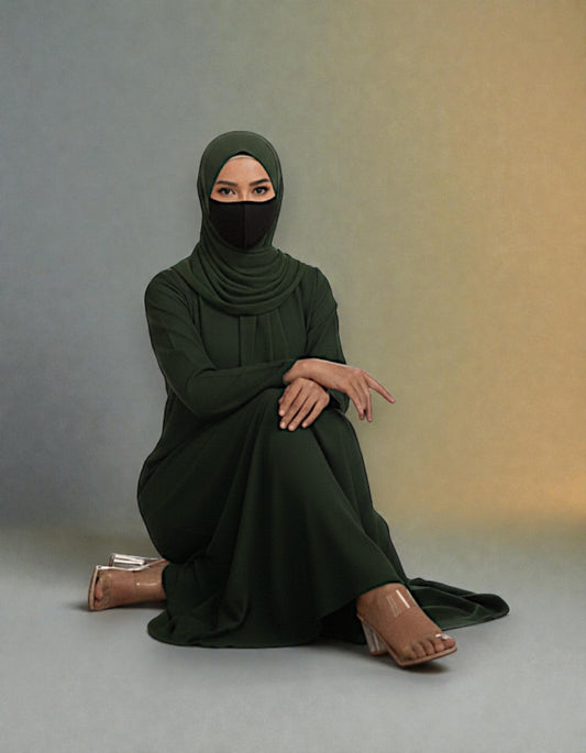 Front Open Abaya with Placket - Side Pockets - Regular Sleeves - Matching Hijab