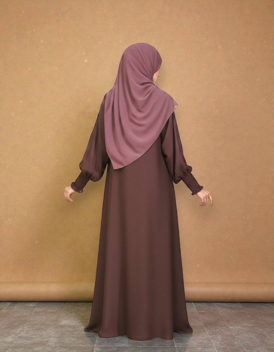 Closed A-Line Abaya with Smocky Sleeves - Side Pockets - Basic Design - Daily Wear Abaya - Complementary Hijab