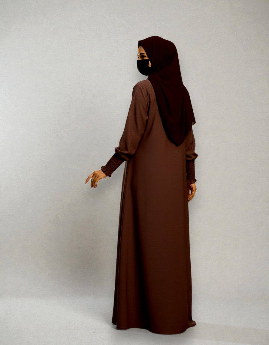 Closed Abaya with Extra Flare - Fabric Buttons - Smocky Sleeves - Premium Tiktok Fabric - Complementary Hijab - Side Pockets