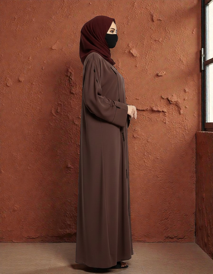 Closed Mahram Abaya with Piping Design and Beadwork in Premium Tiktok Fabric
