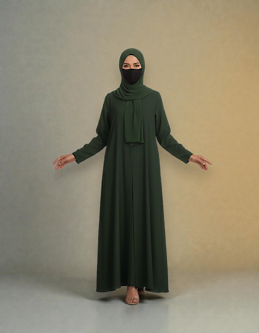 Front Open Abaya with Placket - Side Pockets - Regular Sleeves - Matching Hijab