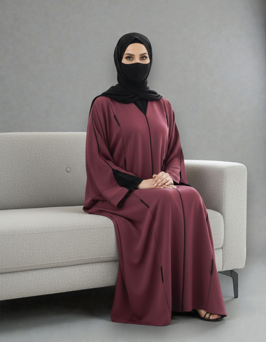 Closed Mahram Abaya with Piping Design and Beadwork in Premium Tiktok Fabric