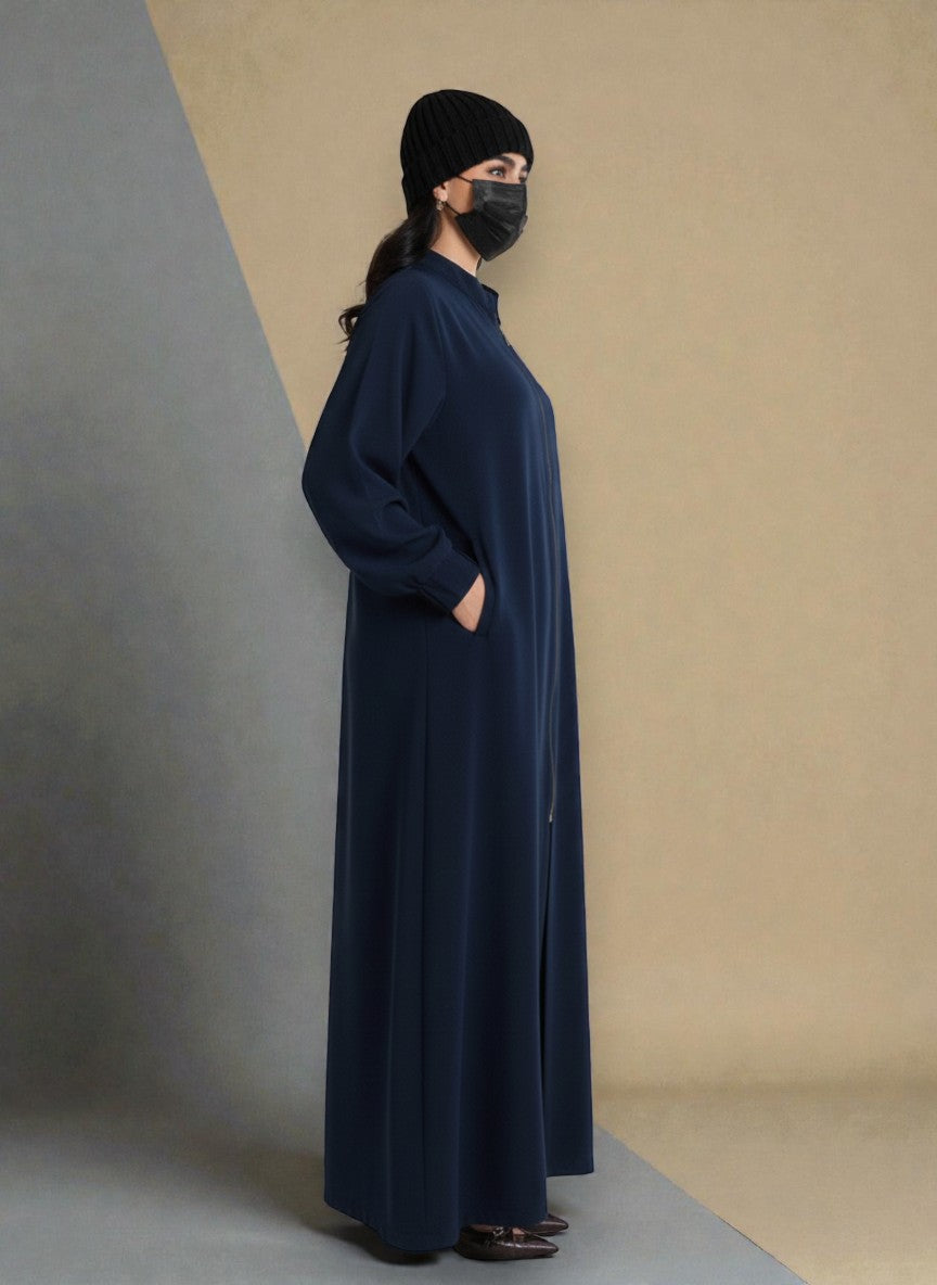 Front Open Abaya with Full Zipper in Firdaus Fabric - Elasticated Sleeves - Side Pockets - Complementary Hijab