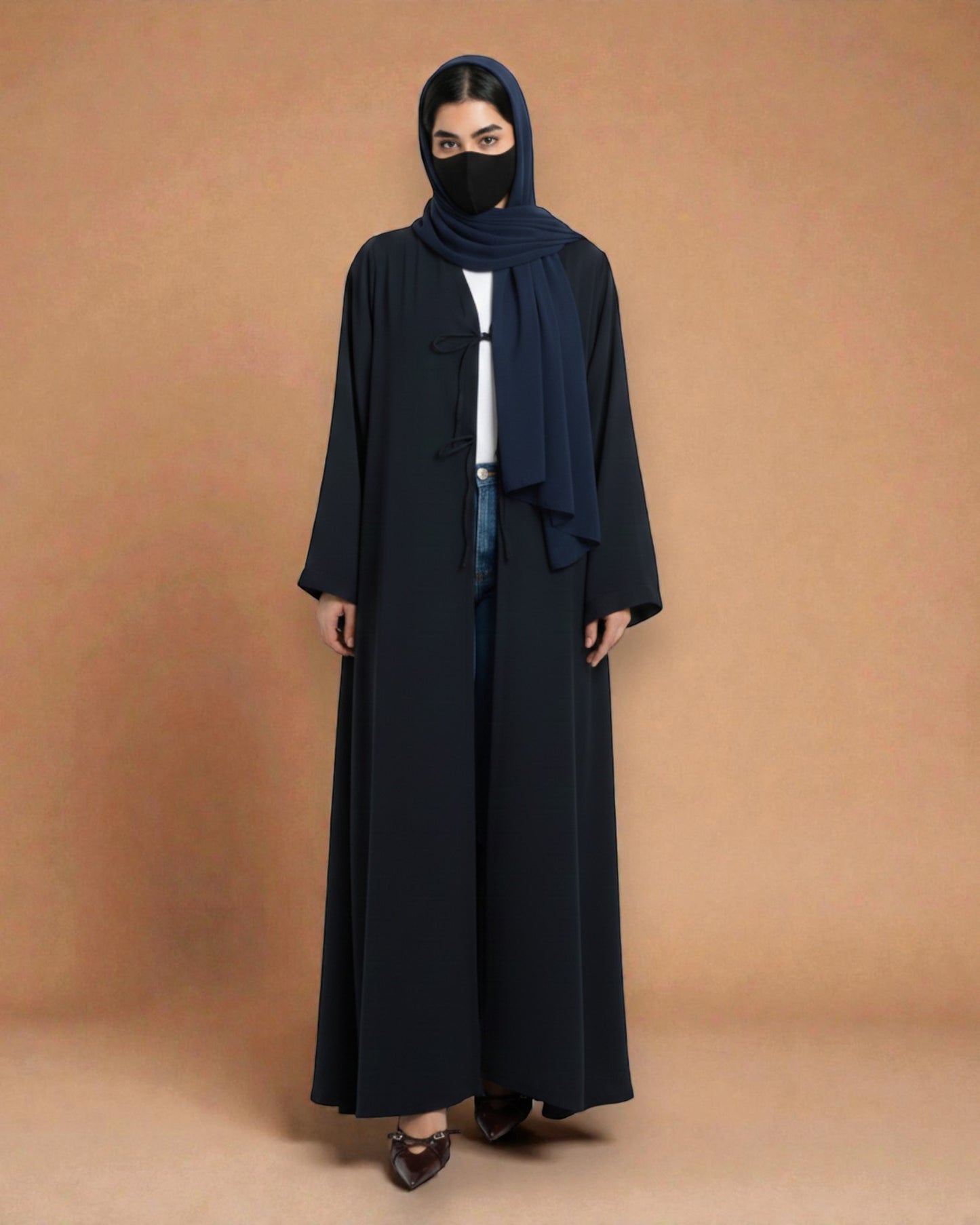 Shrug Like Abaya in Firdaus Fabric without Buttons - Ribbons to Tie and Close - Side Pockets - Wide Sleeves - V-Neck - Complementary Hijab