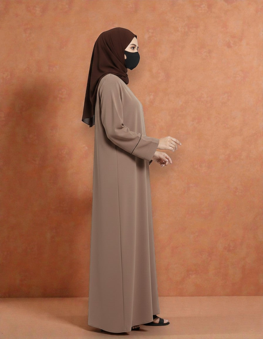 Closed Mahram Abaya with Piping Design and Beadwork in Premium Tiktok Fabric
