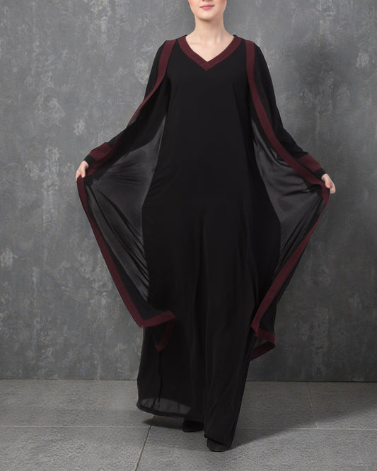 Musheco Stylish Abaya Dress With Attached Shrug and Contrast Panels