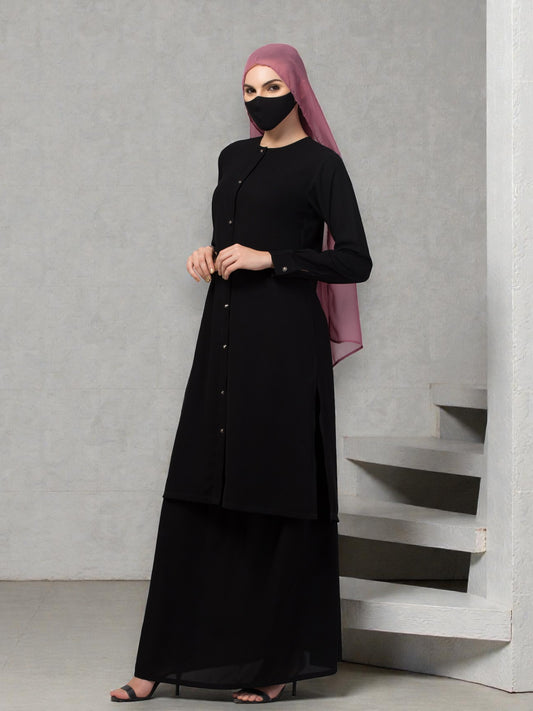 Modest Co-ord Set: Long Cuffed Top with Open Front and Elasticated Skirt
