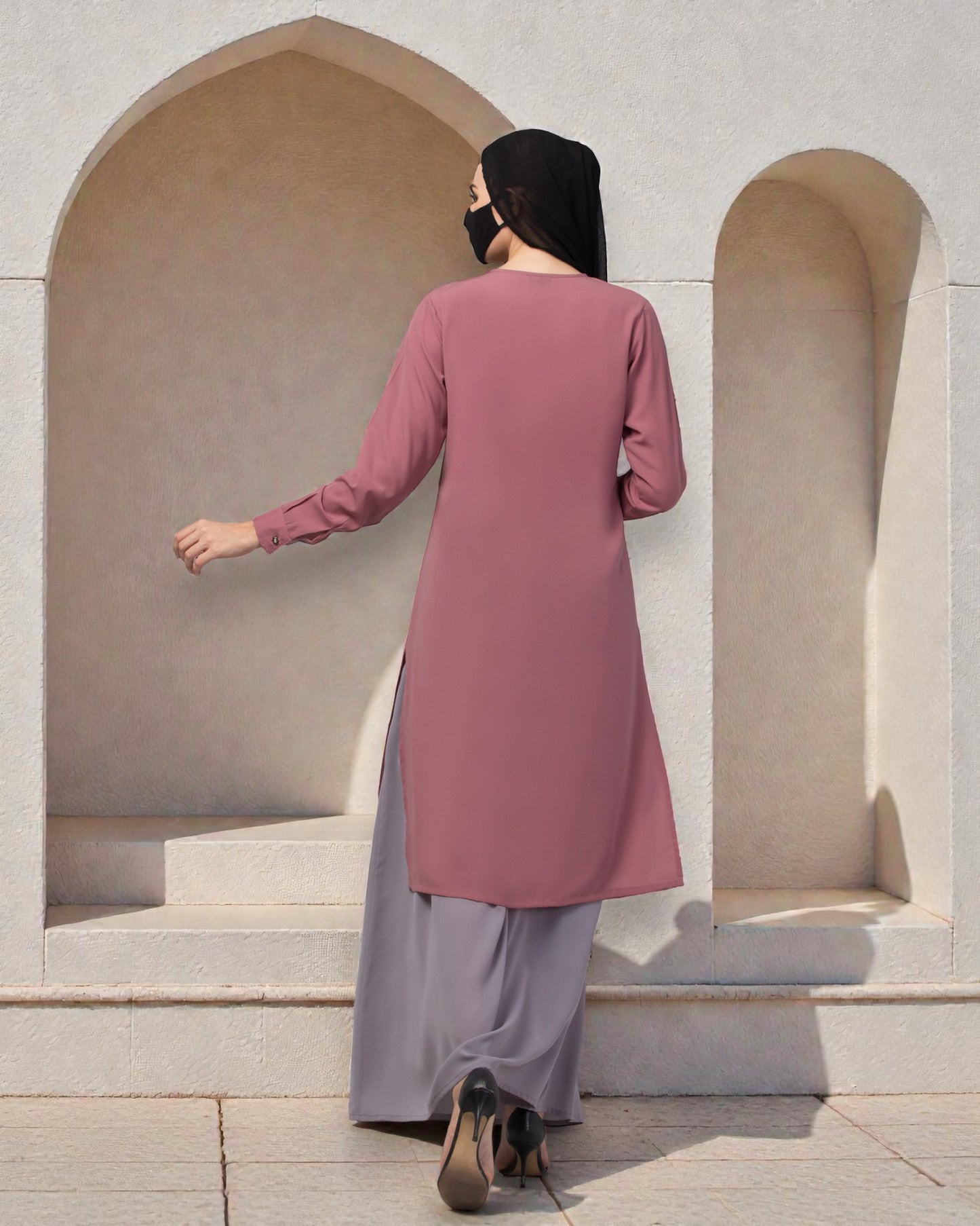 Modest Co-ord Set: Long Cuffed Top with Open Front and Elasticated Skirt