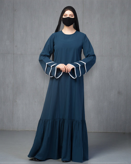 Abaya Dress With Frills and Triple Piping On Sleeves.