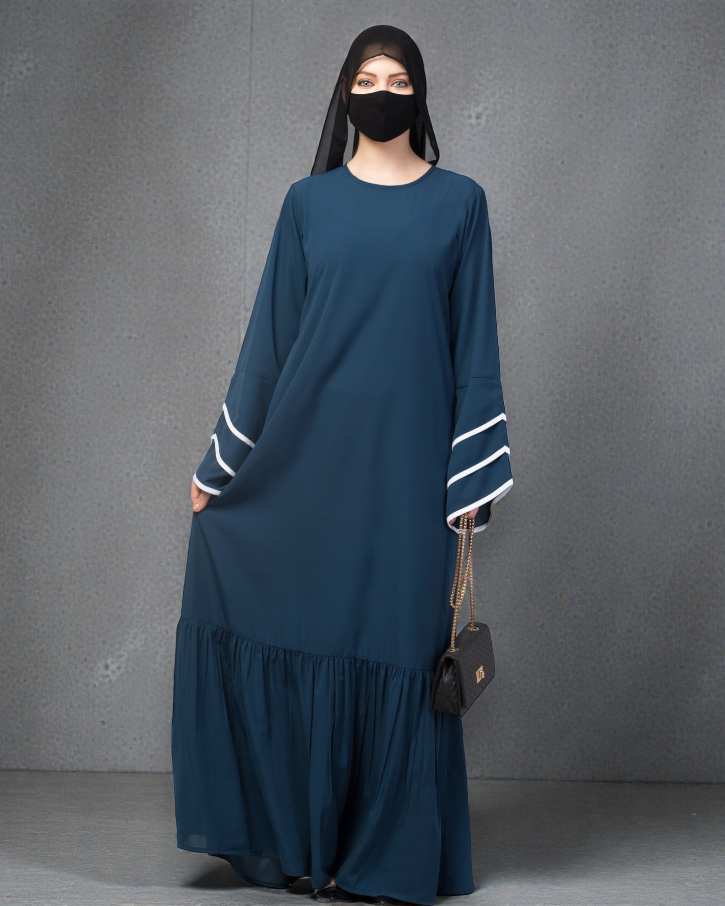 Abaya Dress With Frills and Triple Piping On Sleeves.