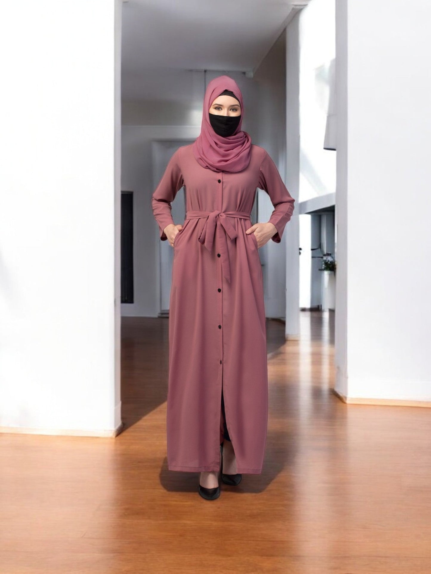 Front Open Abaya With Matching Fabric Belt