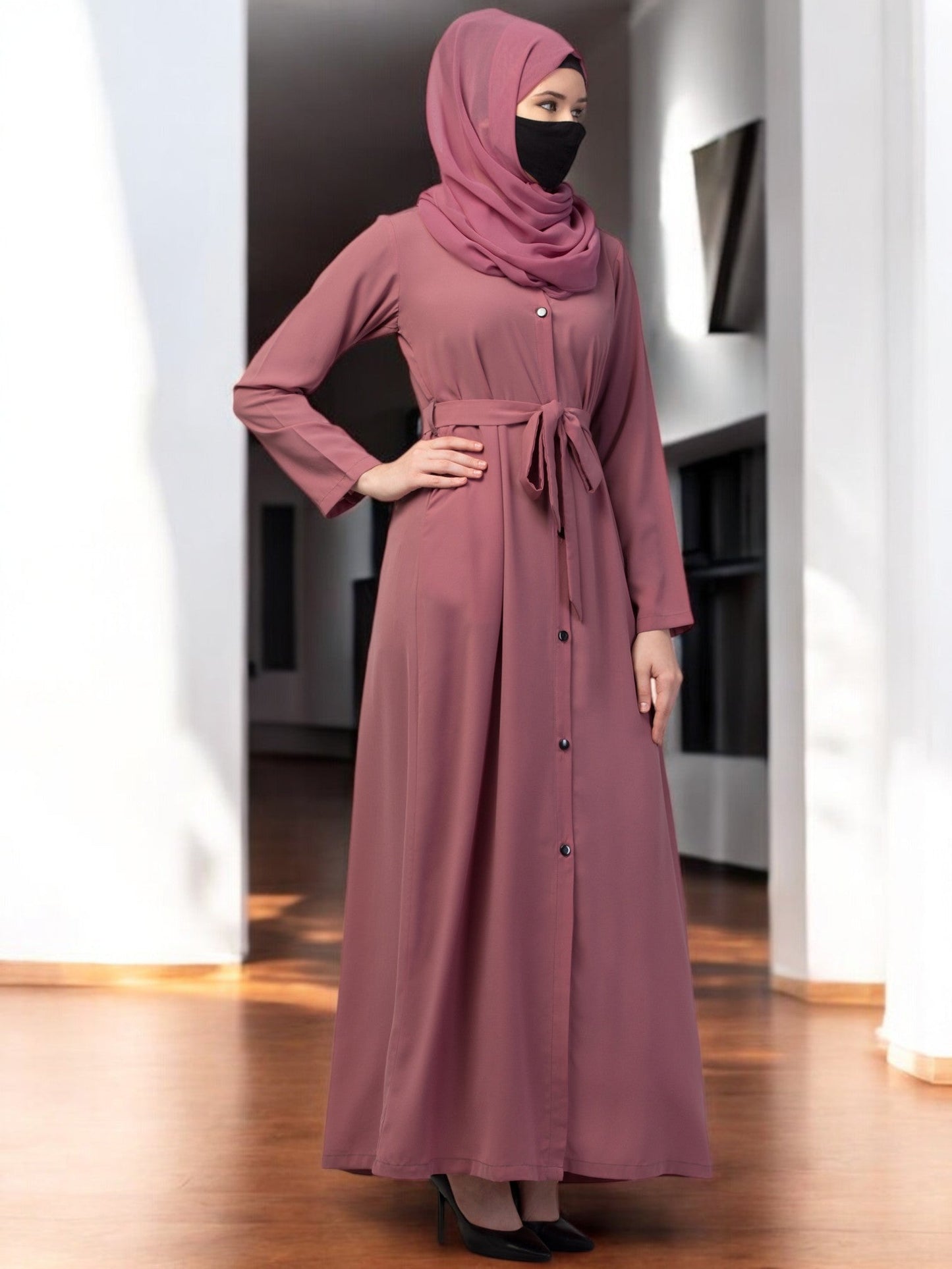 Front Open Abaya With Matching Fabric Belt