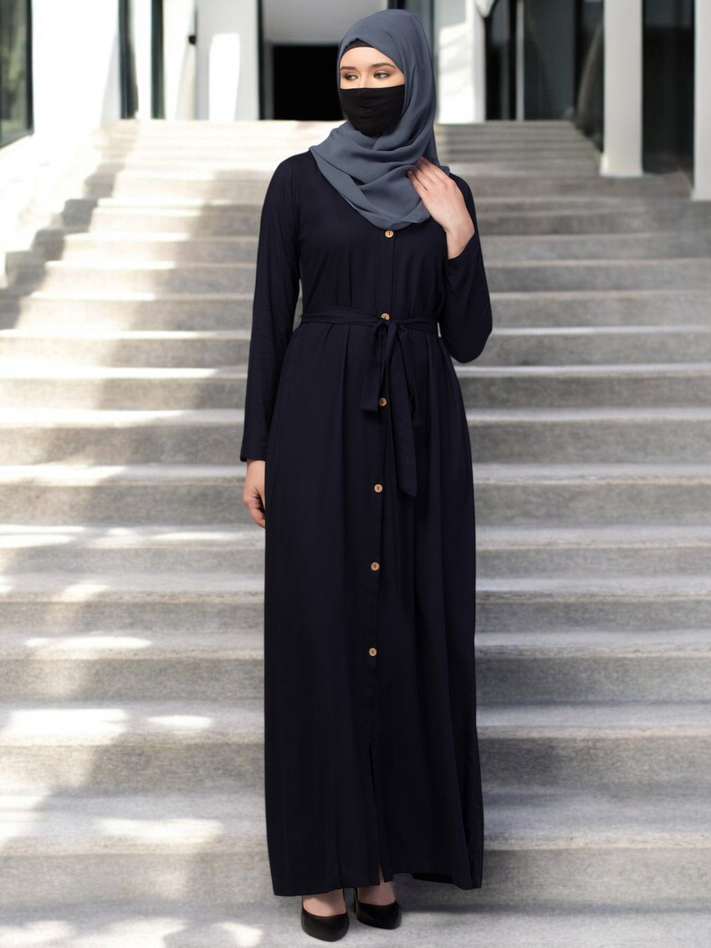 Elegant Front Open Abaya Dress with Wooden Button