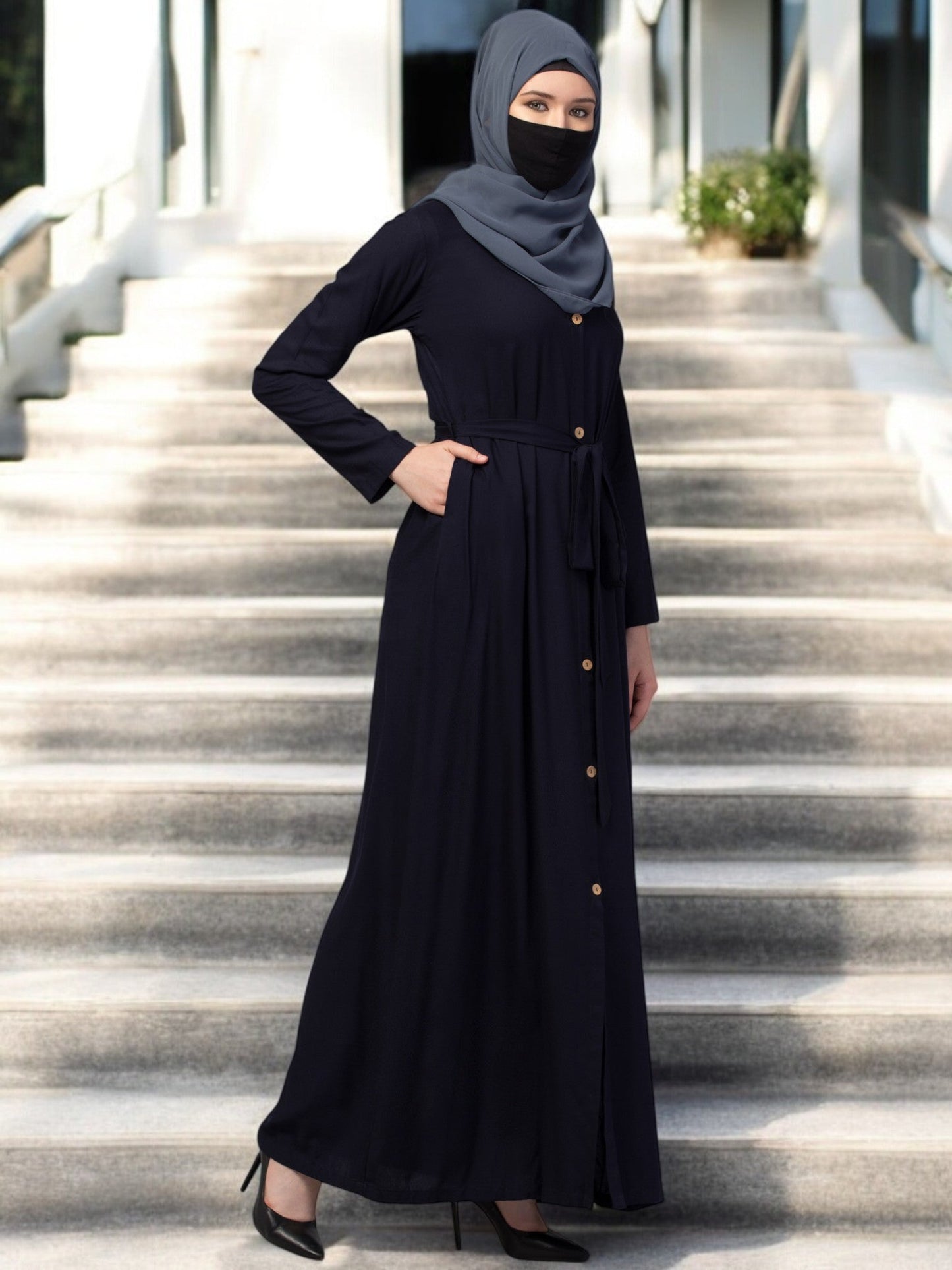 Elegant Front Open Abaya Dress with Wooden Button
