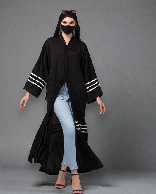 "Zig-Zag Lace Front Open Abaya in Nida Fabric with Matching Stole Hijab"