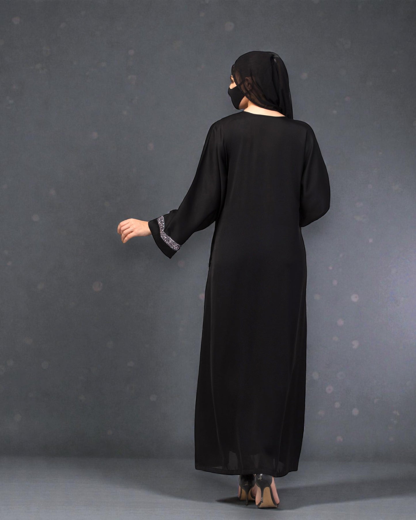 "Nida Satin Closed Abaya: Silver Lace Sleeves, Wide Sleeves, and Matching Stole"