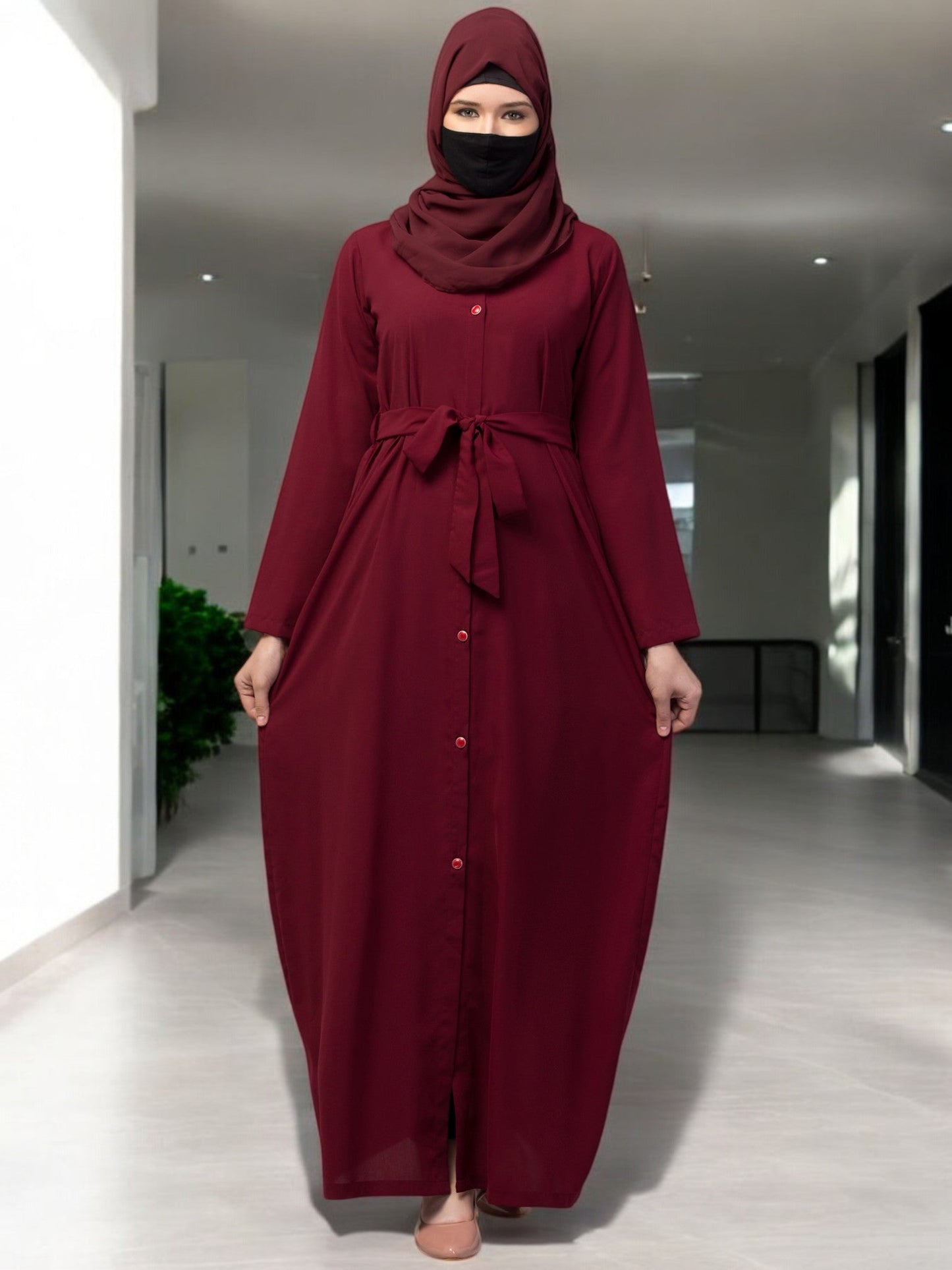 Front Open Abaya With Matching Fabric Belt