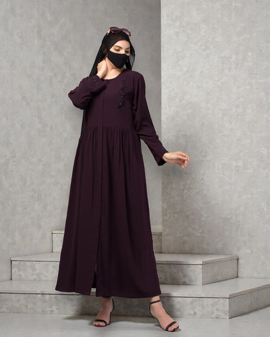 "CYE Crush Front Open Abaya: Elegant Handwork Embellishments with Matching Stole"