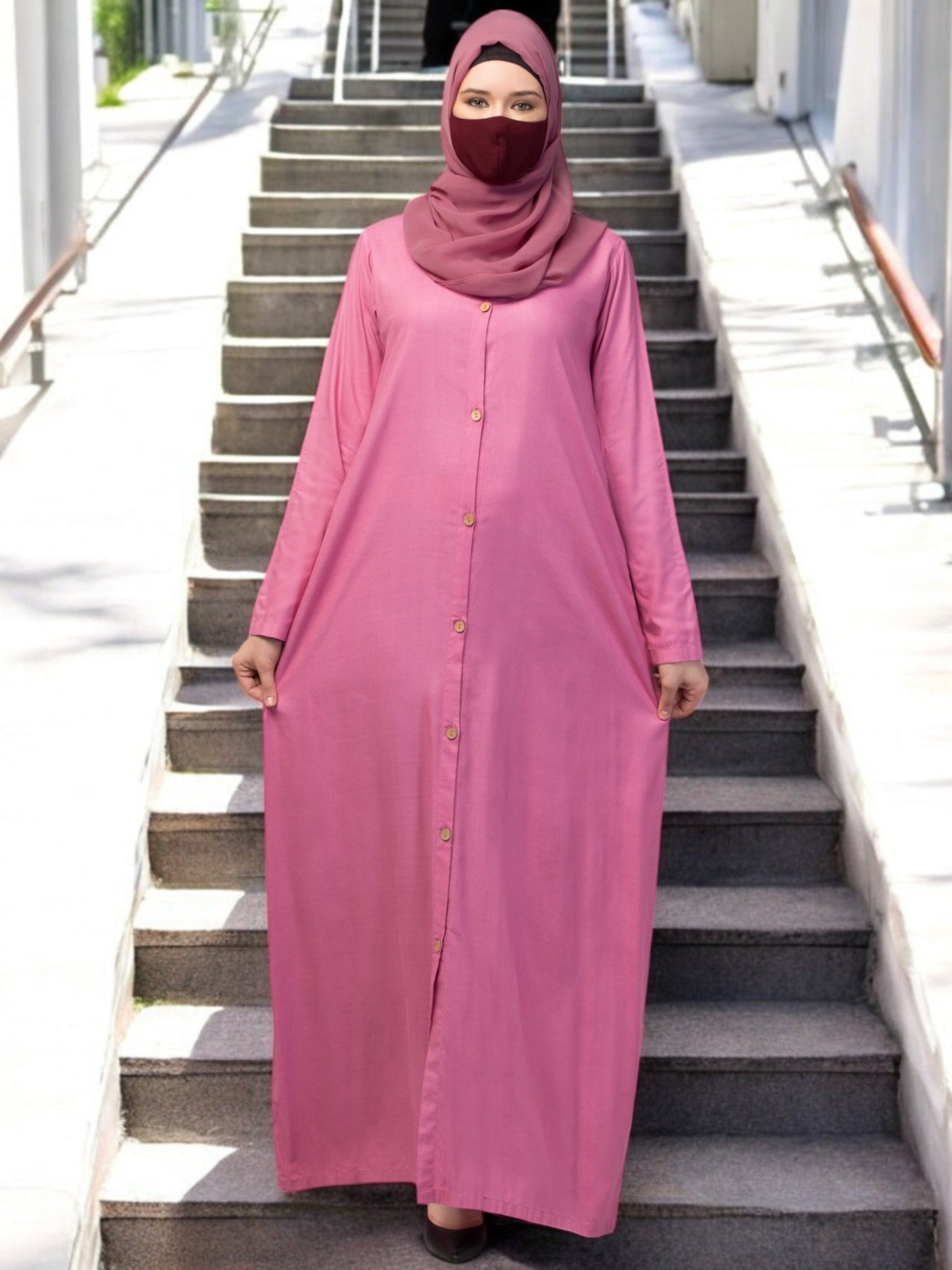 Elegant Front Open Abaya Dress with Wooden Button