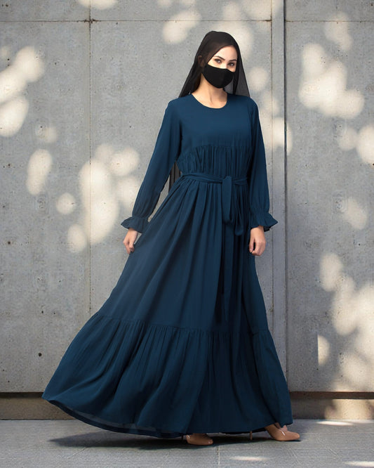 Multi Layered Maxi Dress With Belt & Elasticated Bell Sleeves