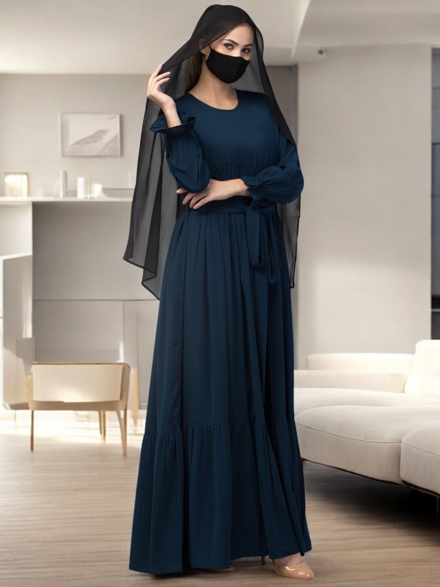 Multi Layered Abaya Dress With Belt & Elasticated Bell Sleeves