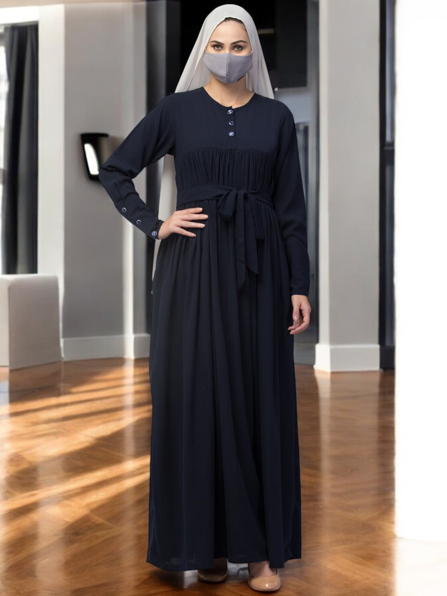 Abaya Dress with Buttons on Yoke and Sleeves-Falls loose From Chest.