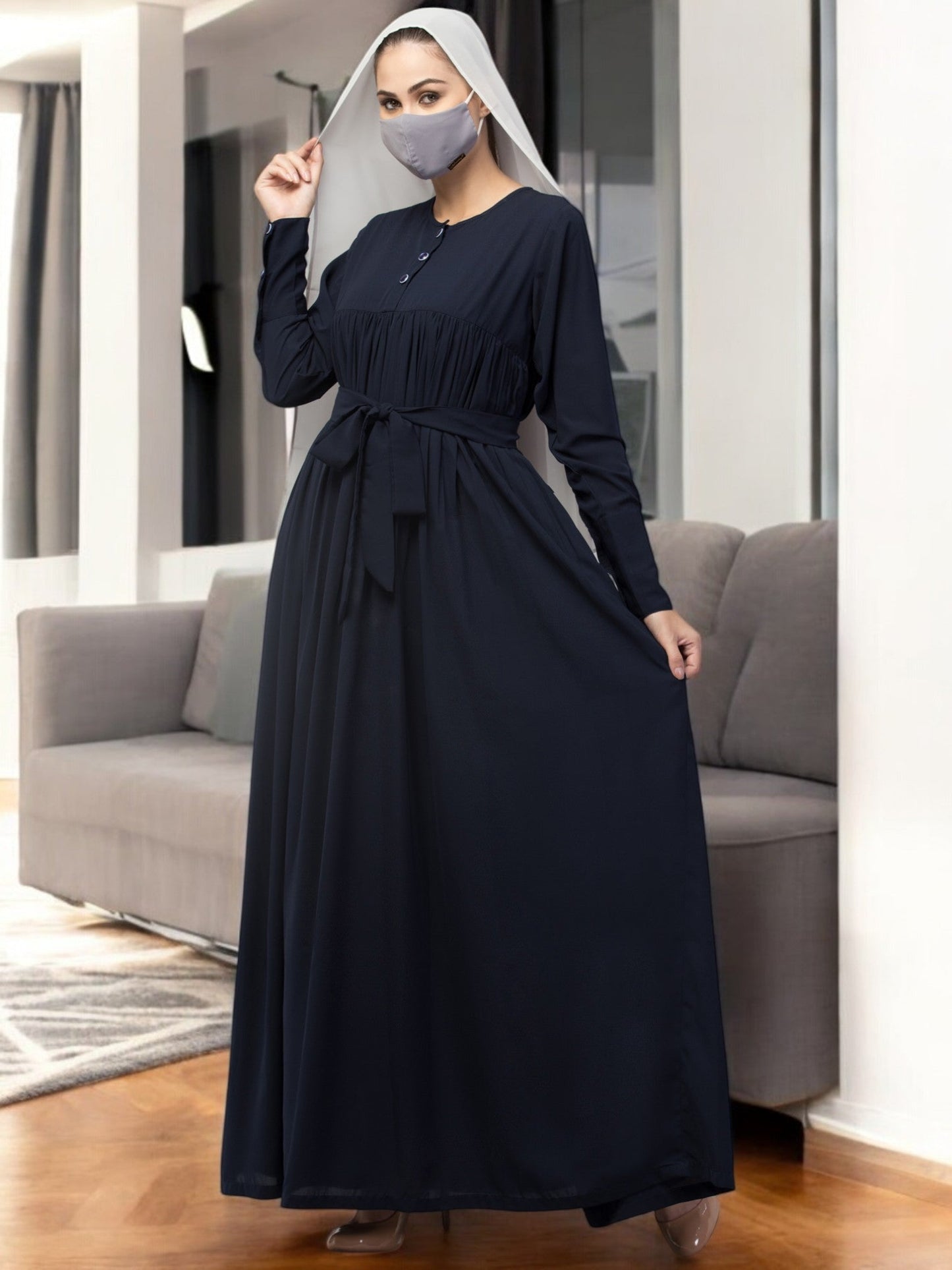 Abaya Dress with Buttons on Yoke and Sleeves-Falls loose From Chest.