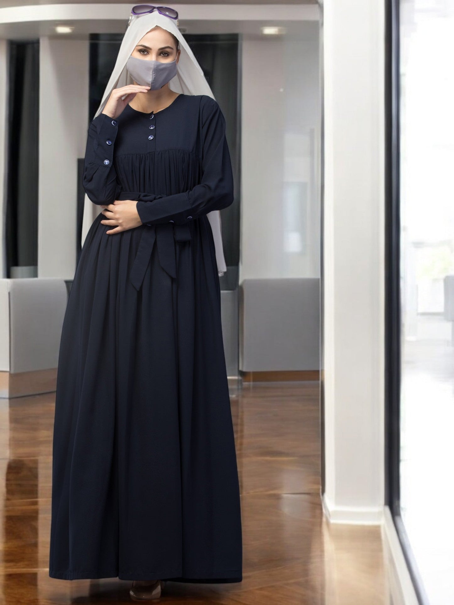Abaya Dress with Buttons on Yoke and Sleeves-Falls loose From Chest.