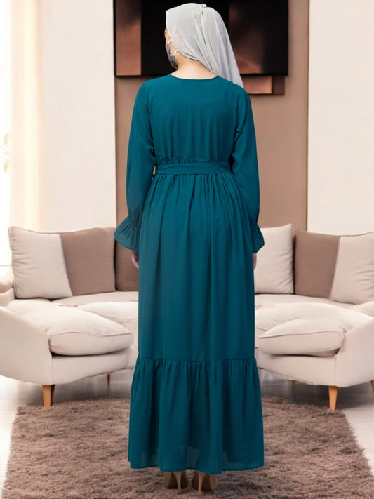 Multi Layered Abaya Dress With Belt & Elasticated Bell Sleeves