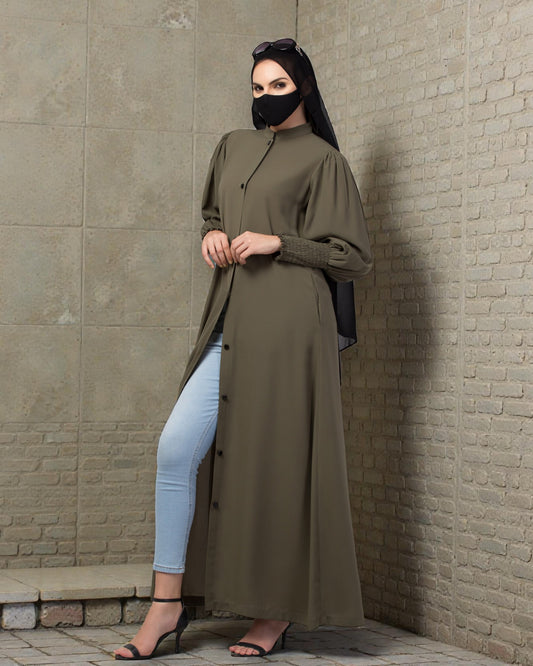 "Designer Front Open Abaya: Firdaus Fabric with Puffy Shoulders and Mandarin Collar"