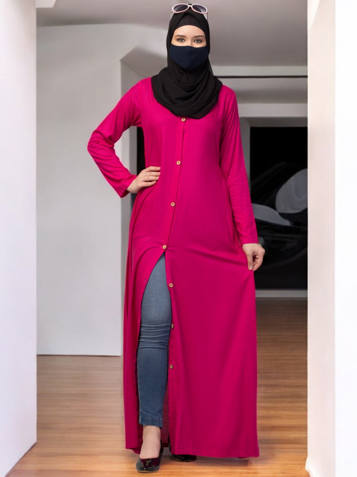 Elegant Front Open Abaya Dress with Wooden Button