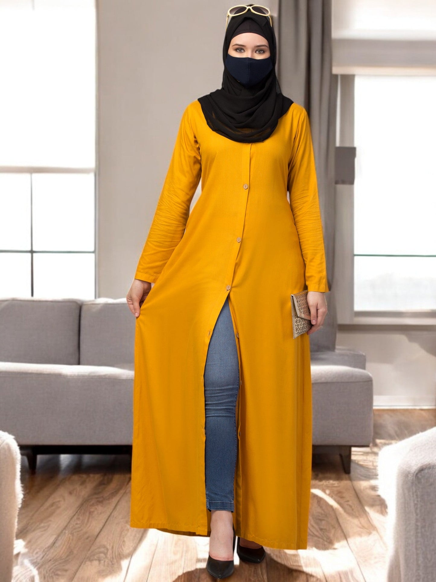 Elegant Front Open Abaya Dress with Wooden Button