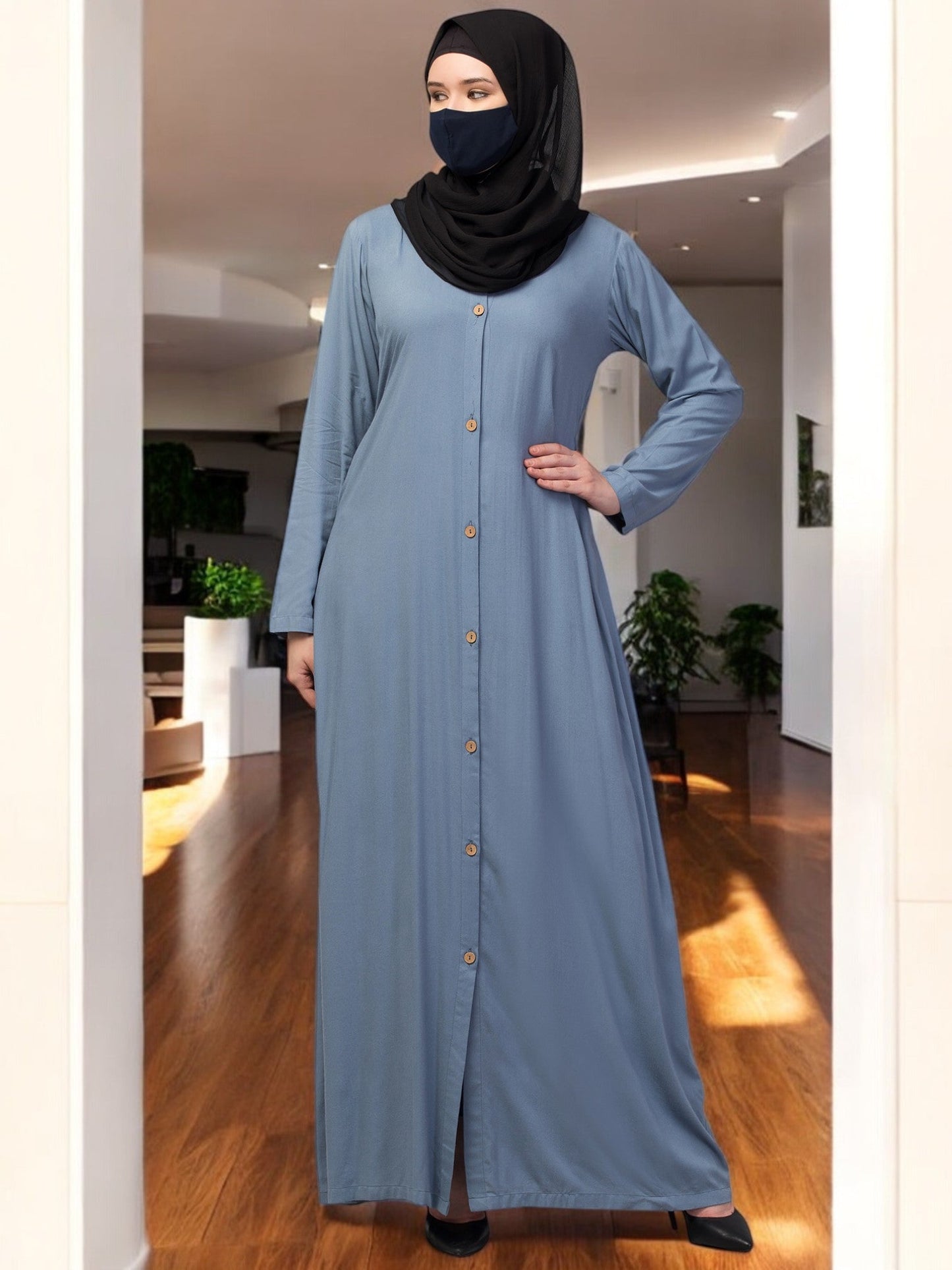 Elegant Front Open Abaya Dress with Wooden Button