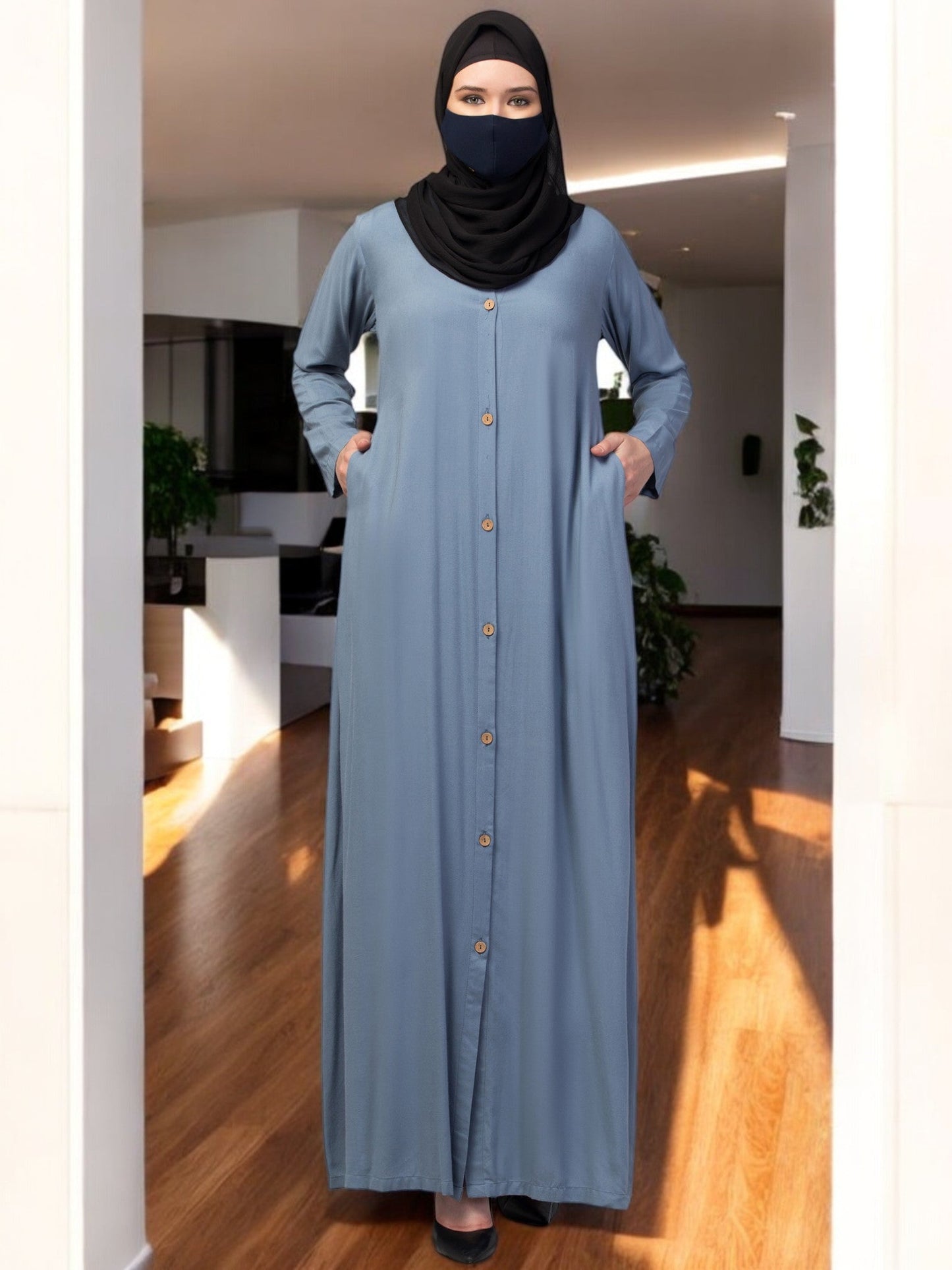 Elegant Front Open Abaya Dress with Wooden Button