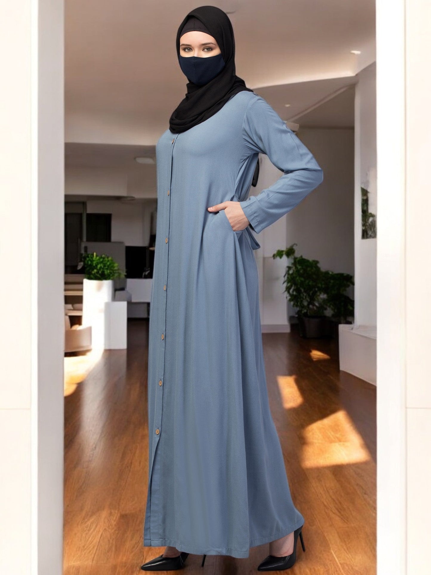Elegant Front Open Abaya Dress with Wooden Button